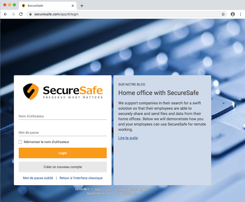 écran d'acceuil securesafe